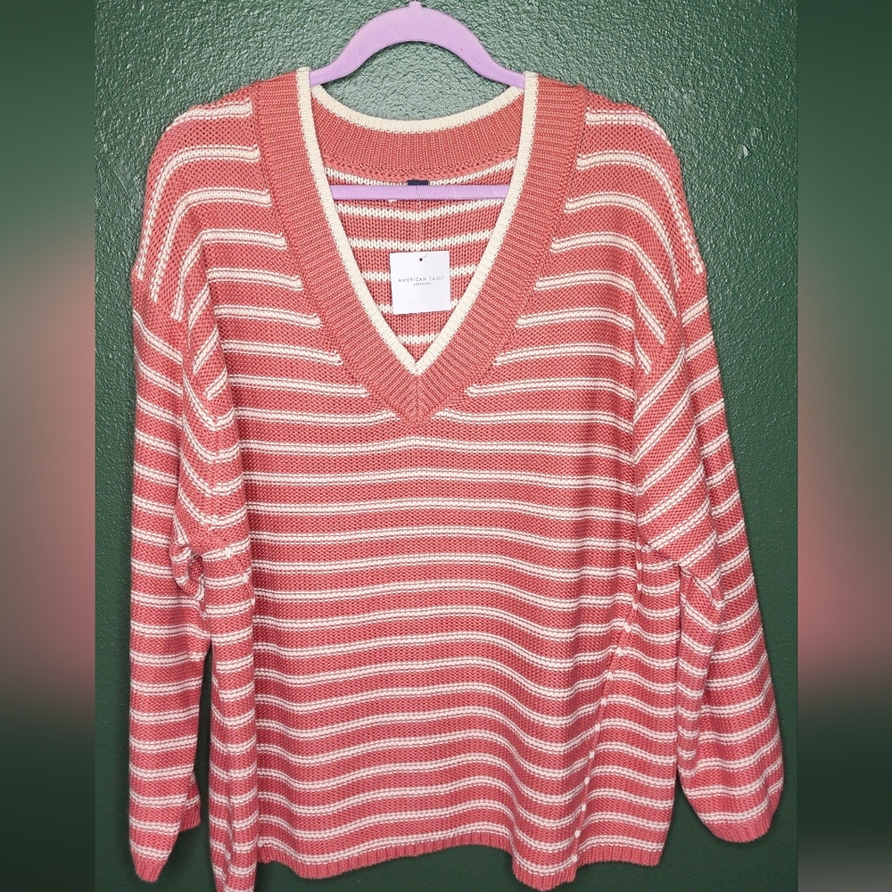 American Eagle Striped V-Neck Sweater - Pink and White